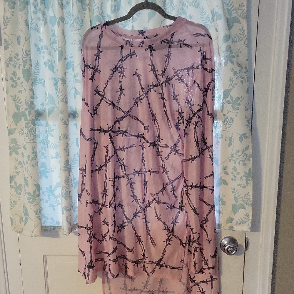 Killstar × Avril Lavigne Pink Sheer Mesh Top with Black Barbed Wire Print